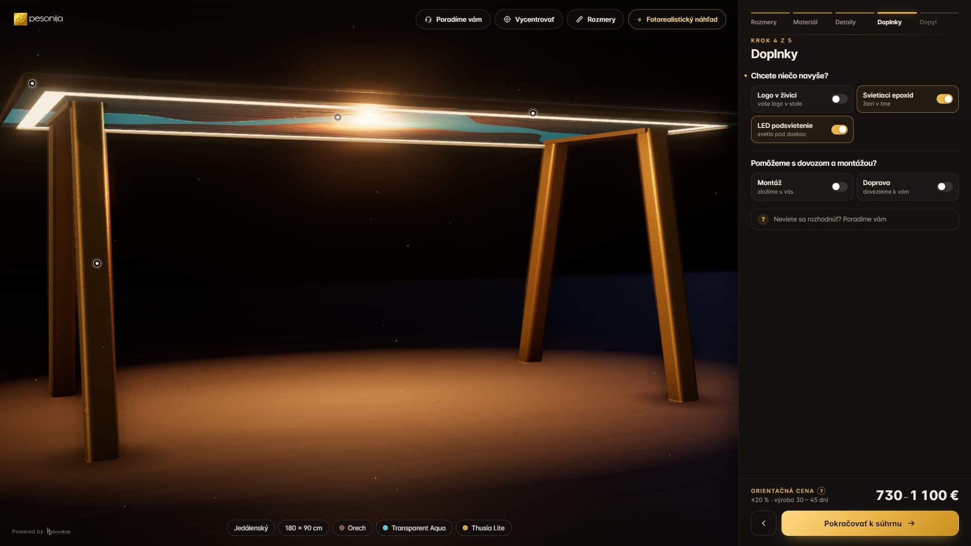 3D konfigurátor stola Pesonija – LED podsvietenie a svietiaci epoxid